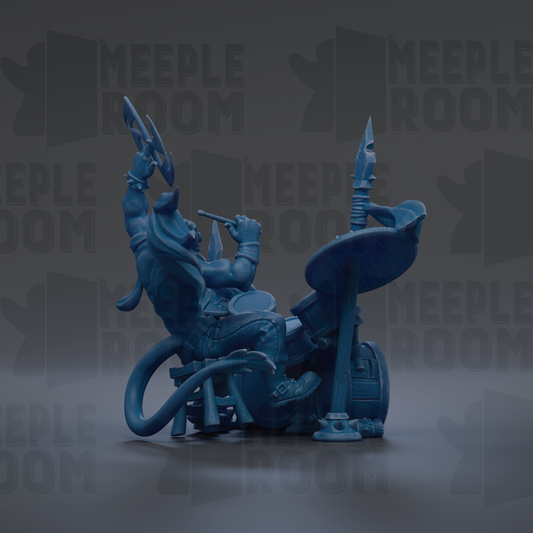 A blue, 3D-rendered character with a large head and a long, curved tail, holding a weapon and standing on a platform.