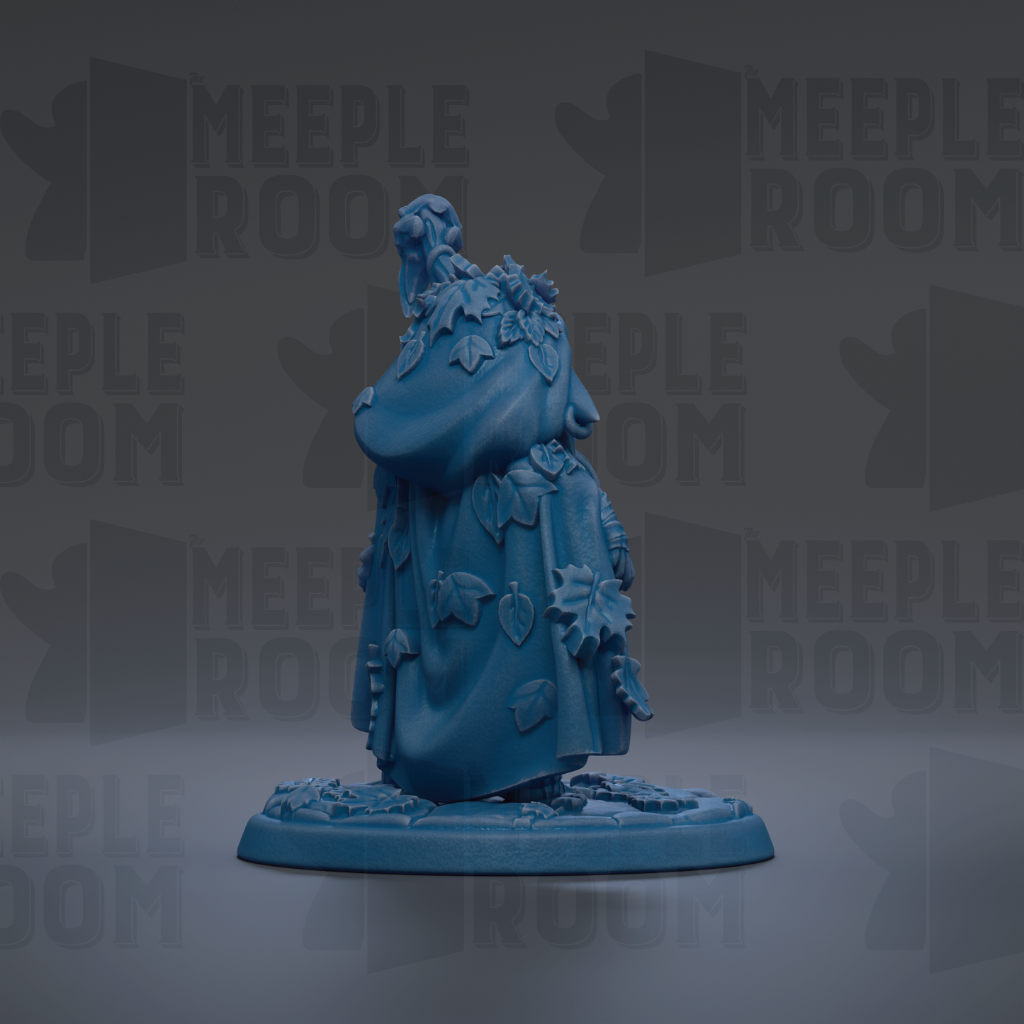 A blue figurine with a leafy headdress and a flowing robe, standing on a base with a leaf pattern, against a dark background with repeated text.