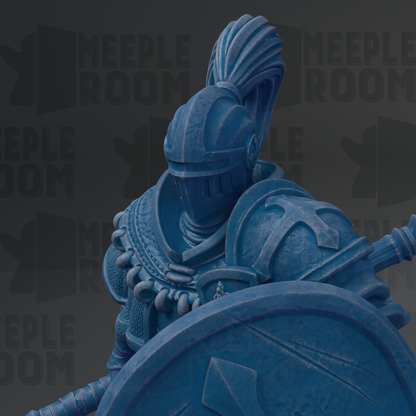 A blue armored knight figure with a helmet and shield, standing in a dark background with the text "MEEPLE ROOM" repeated multiple times.
