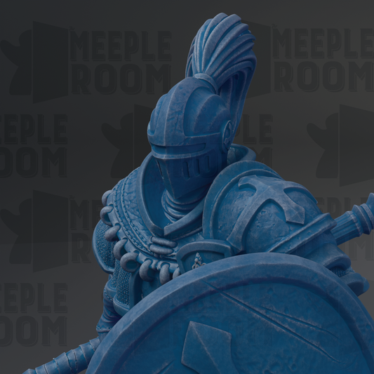 A blue armored knight figure with a helmet and shield, standing in a dark background with the text "MEEPLE ROOM" repeated multiple times.