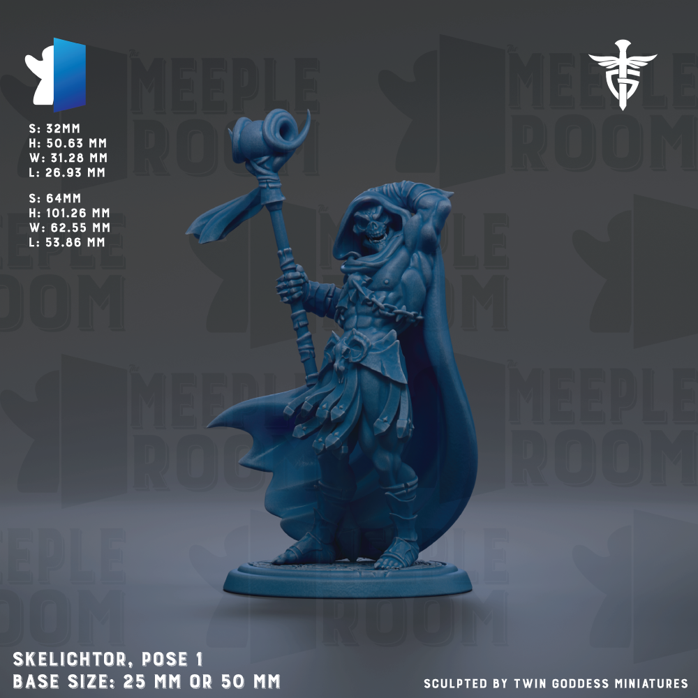 a blue figurine of a warrior standing on a base, holding a staff and a shield. The figurine is described as a "Skeleton" and is shown in a pose. The base size of the figurine is either 25mm or 50mm. The image is a part of a larger collection of images, and it is described as a "collage of images" and "sculpted by Twin Goddess Miniatures".