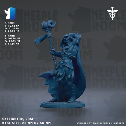a blue figurine of a warrior standing on a base, holding a staff and a shield. The figurine is described as a "Skeleton" and is shown in a pose. The base size of the figurine is either 25mm or 50mm. The image is a part of a larger collection of images, and it is described as a "collage of images" and "sculpted by Twin Goddess Miniatures".