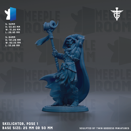 a blue figurine of a warrior standing on a base, holding a staff and a shield. The figurine is described as a "Skeleton" and is shown in a pose. The base size of the figurine is either 25mm or 50mm. The image is a part of a larger collection of images, and it is described as a "collage of images" and "sculpted by Twin Goddess Miniatures".