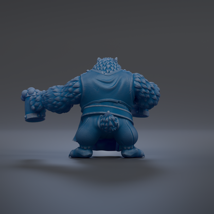 A 3D rendering of a blue, furry creature with a large head and a small body, holding a beer mug in its left hand and a beer bottle in its right hand.