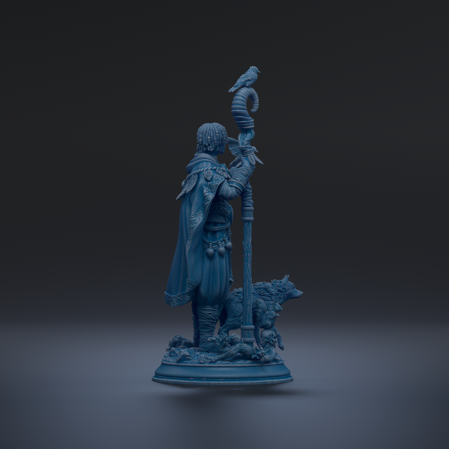 A blue statue of a man holding a staff and a bird, standing on a base with a wolf and a plant.