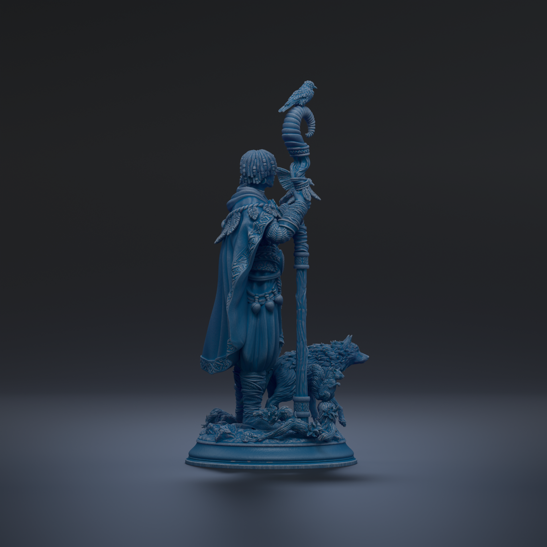 A blue statue of a man holding a staff and a bird, standing on a base with a wolf and a plant.
