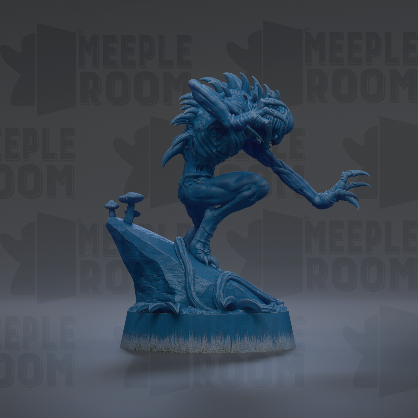 A blue, 3D-rendered statue of a crouching, clawed creature with sharp teeth, standing on a rock formation.