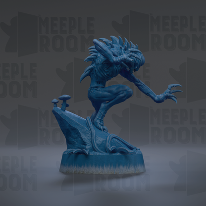A blue, 3D-rendered statue of a crouching, clawed creature with sharp teeth, standing on a rock formation.