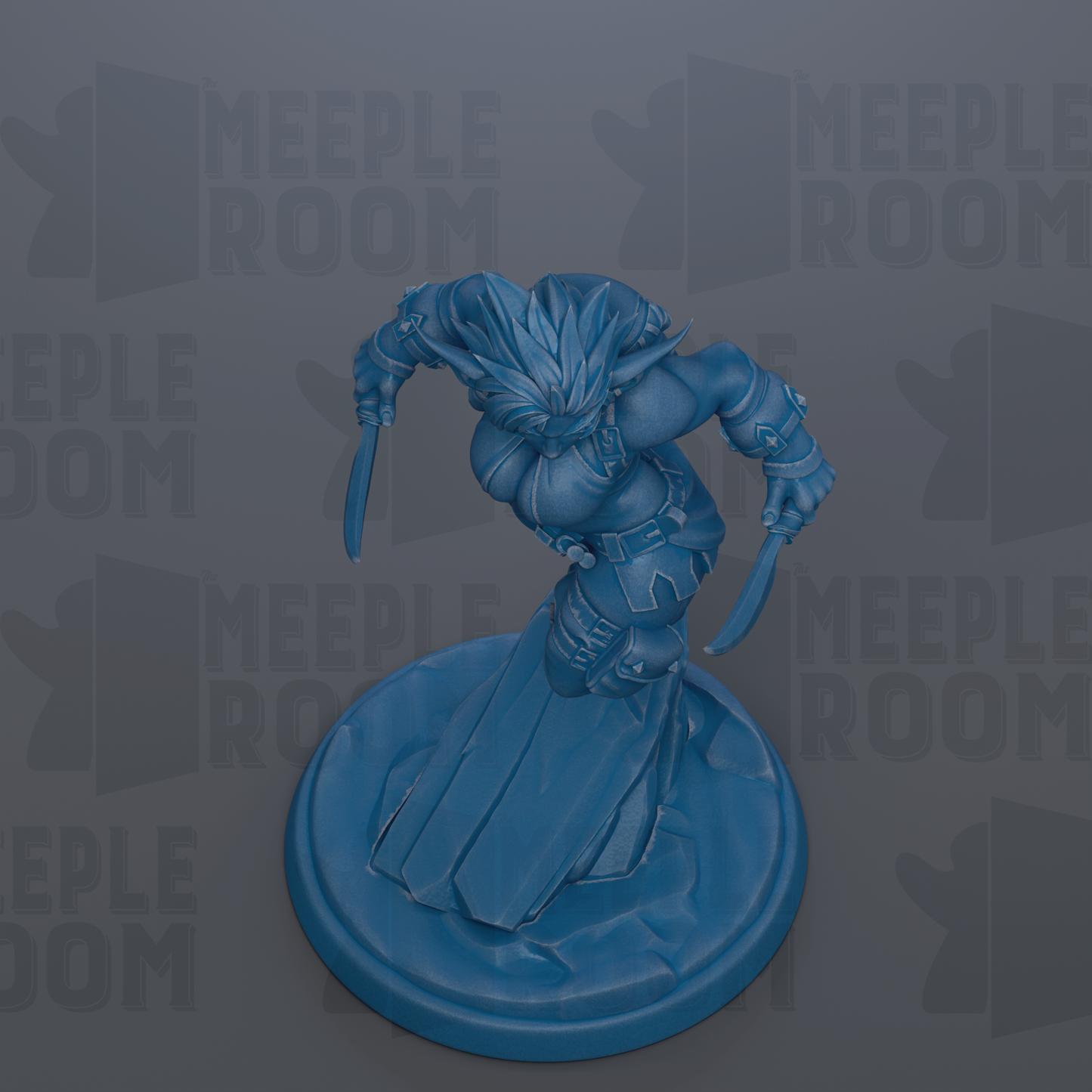A blue figurine of a warrior-like character with a sword and shield, standing on a circular base.