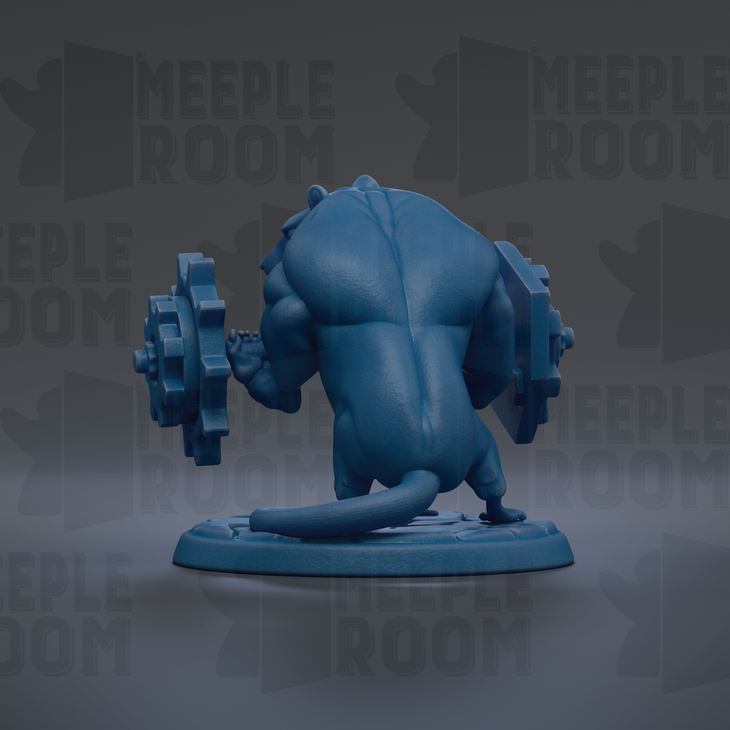 A blue figurine of a muscular, cartoon-like creature with a large head and a smaller body, holding a large gear-like object in its hands.