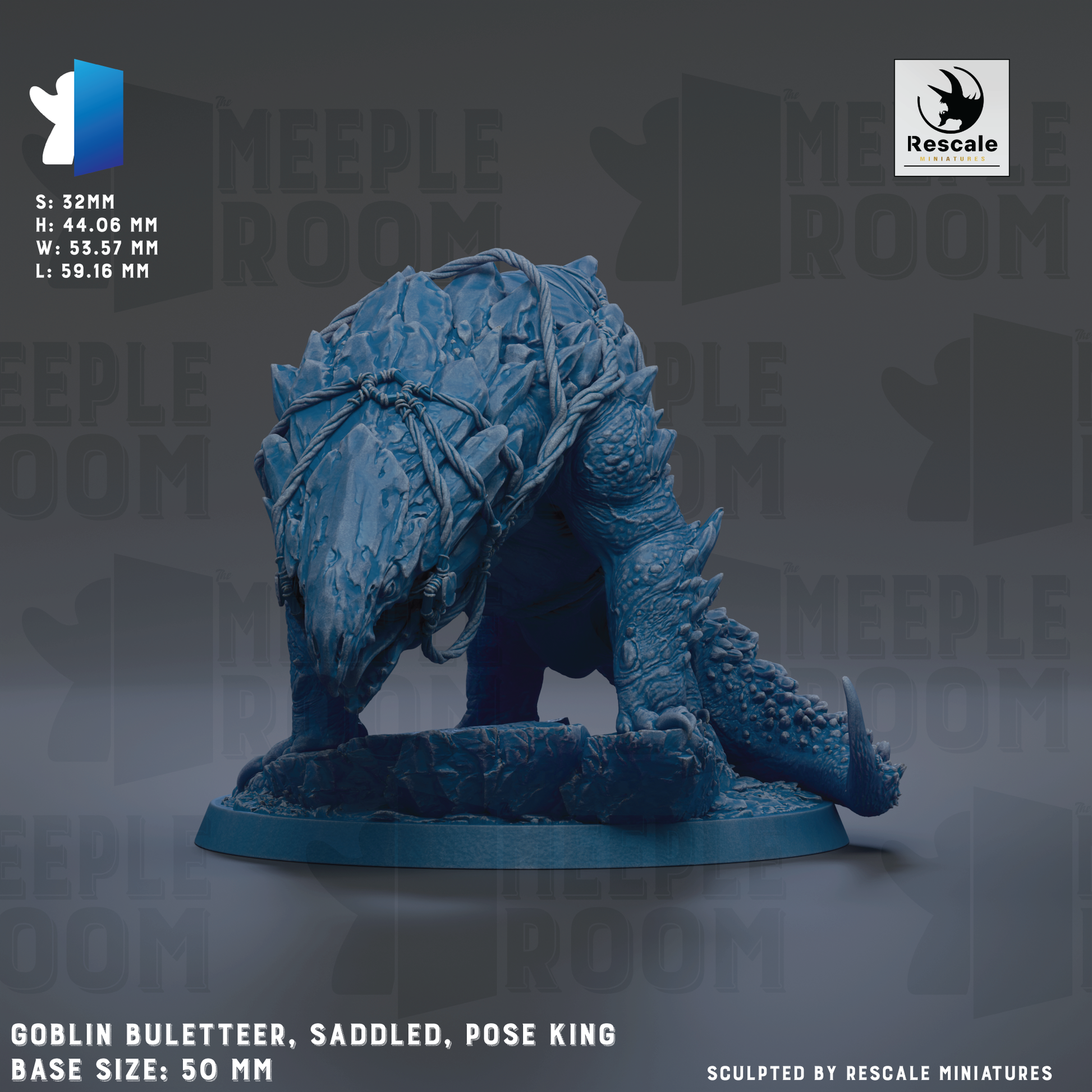 a detailed miniature of a blue armored creature, possibly a dragon or a similar mythical creature, with a saddle on its back. The creature is posed in a crouched position, giving it a majestic appearance. The base size of the miniature is 50 millimeters. The image is a collage of multiple images, and it is described as a "Sculpted by RESCALE MINIATURES" piece, indicating that it is a product of a company called RESCALE.