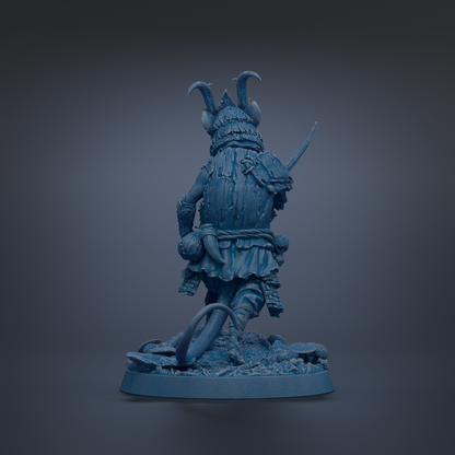 A blue figurine of a fantastical creature with horns and a sword, standing on a base and facing away from the camera.