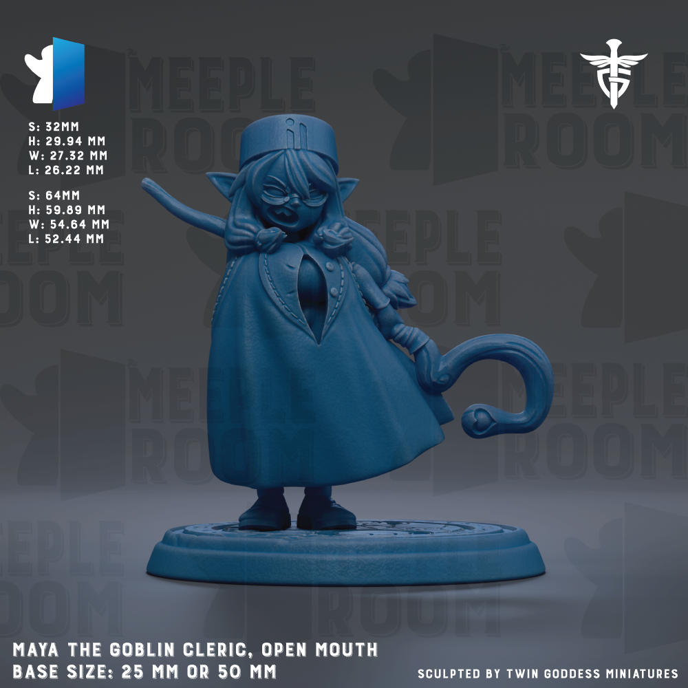 The image is a 3D rendering of a figurine of a character named Maya, who is a goblin Oracle. The figurine is depicted in a dynamic pose, with one arm raised and the other holding a staff. The figurine is set against a dark background, which contrasts with the blue color of the figurine. The image also includes some text that provides information about the figurine, such as its base size, which is either 25mm or 50mm.
