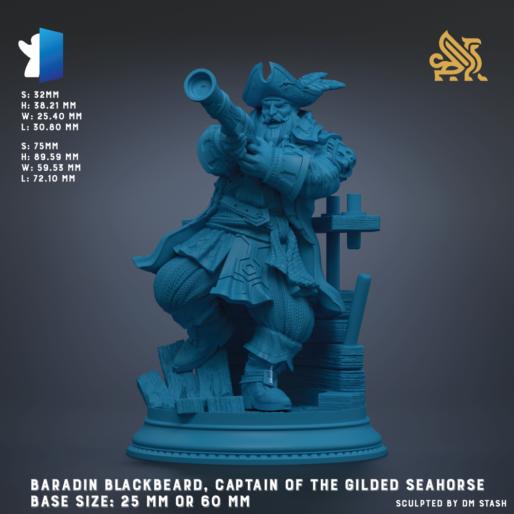 The image is a 3D model of a pirate statue, specifically the character of the Gilded Seahorse, also known as the Blackbeard. The statue is depicted in a dynamic pose, holding a gun and standing on a base. The base size of the statue is either 25 mm or 60 mm. The image is a 3D rendering of the pirate character, and it is a collaborative effort by DM Stash.