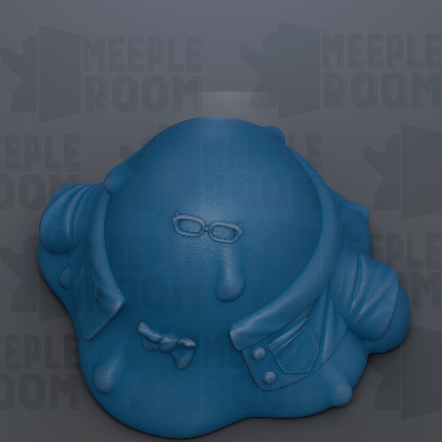 A blue, abstract sculpture with a face-like appearance, featuring a pair of glasses and a scarf.
