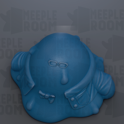 A blue, abstract sculpture with a face-like appearance, featuring a pair of glasses and a scarf.
