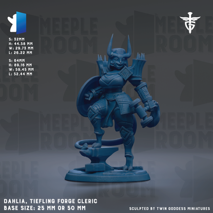 a detailed figurine of a warrior character, specifically a Tiefling Forge Cleric, with a blue color scheme. The figurine is standing on a base and is described as a 25mm or 50mm base size. The background of the image is gray, and the text provides information about the figurine, including its dimensions and the manufacturer.