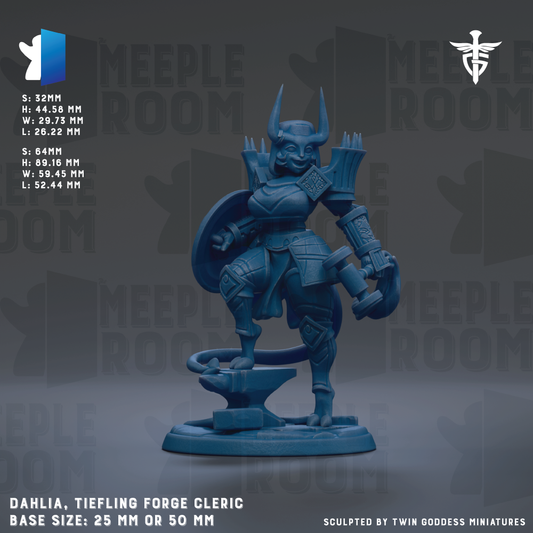 a detailed figurine of a warrior character, specifically a Tiefling Forge Cleric, with a blue color scheme. The figurine is standing on a base and is described as a 25mm or 50mm base size. The background of the image is gray, and the text provides information about the figurine, including its dimensions and the manufacturer.