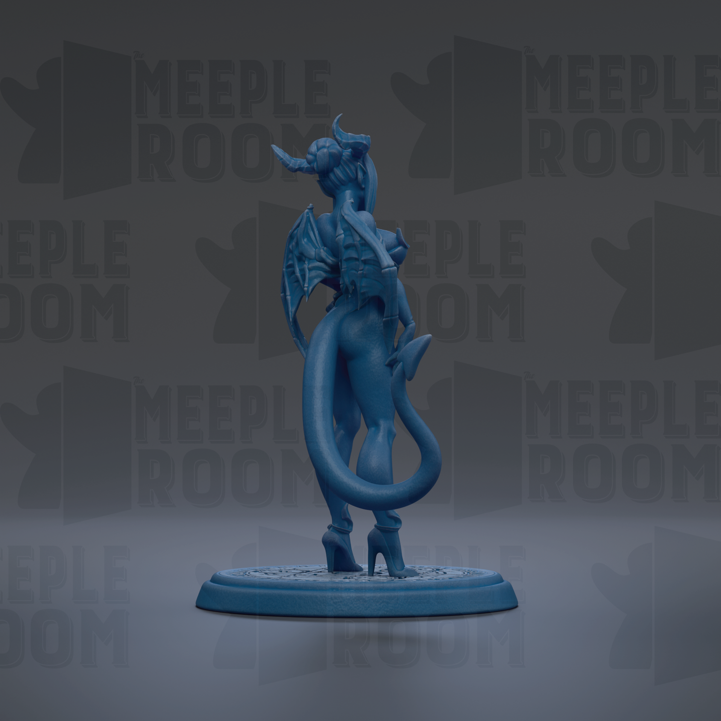 A blue figurine of a dragon-like creature with horns and wings, standing on a blue base against a dark background with repeated text.