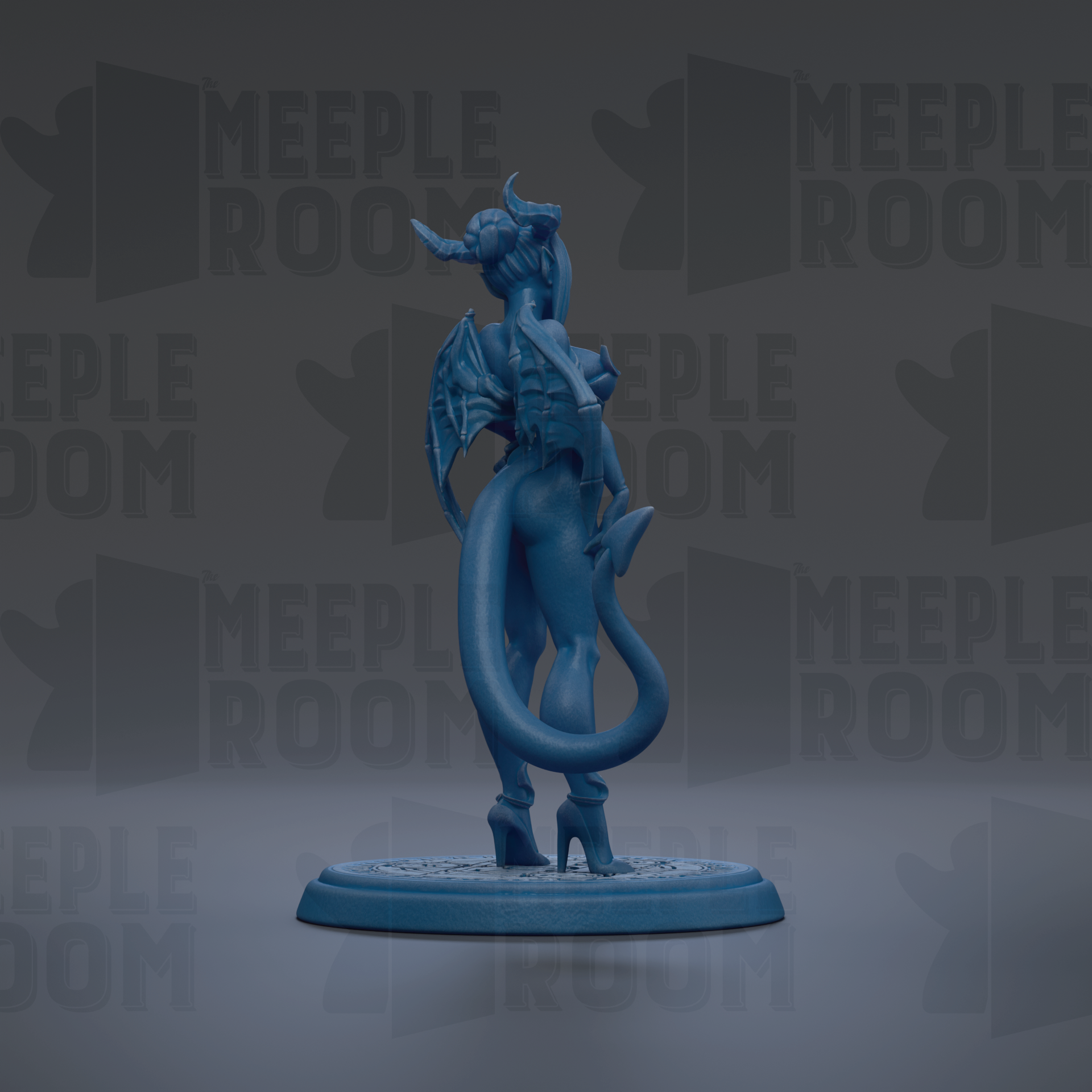A blue figurine of a dragon-like creature with horns and wings, standing on a blue base against a dark background with repeated text.