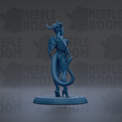 A blue figurine of a dragon-like creature with horns and wings, standing on a blue base against a dark background with repeated text.