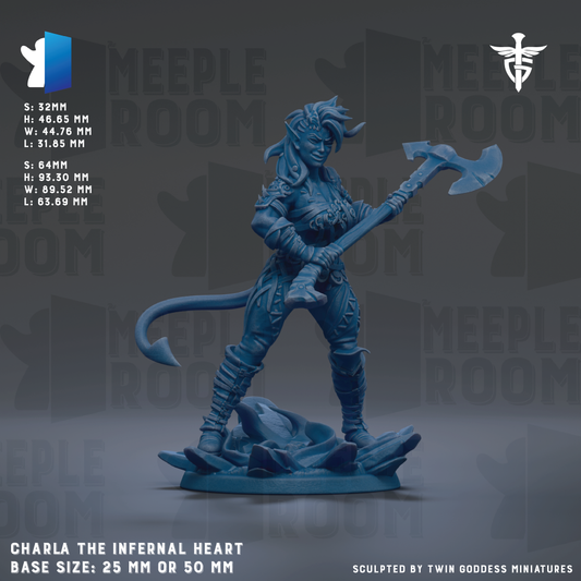 a figurine of a female character with a large, curved weapon, possibly a sword or bow, standing on a rocky surface. The figurine is described as "CHARLA THE INFERNAL HEART" and is shown in a base size of 25mm or 50mm. The figurine is sculpted by Twin Goddess Miniatures.