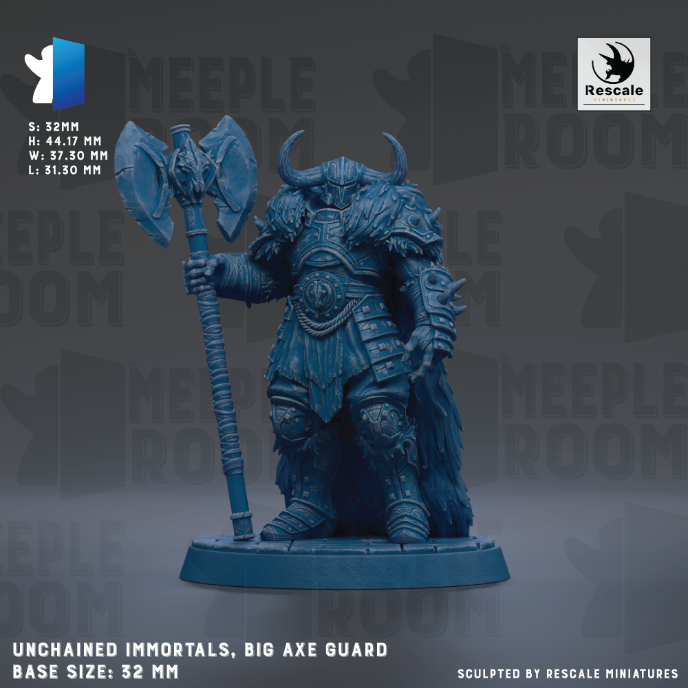 a detailed figurine of a large, imposing warrior figure with a big axe and a chainmail outfit, standing on a base and holding the axe. The figurine is described as "unchained immortals, big axe guard" and is "base size: 32mm".