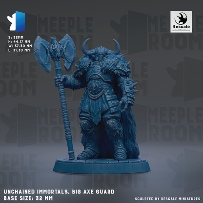 a detailed figurine of a large, imposing warrior figure with a big axe and a chainmail outfit, standing on a base and holding the axe. The figurine is described as "unchained immortals, big axe guard" and is "base size: 32mm".