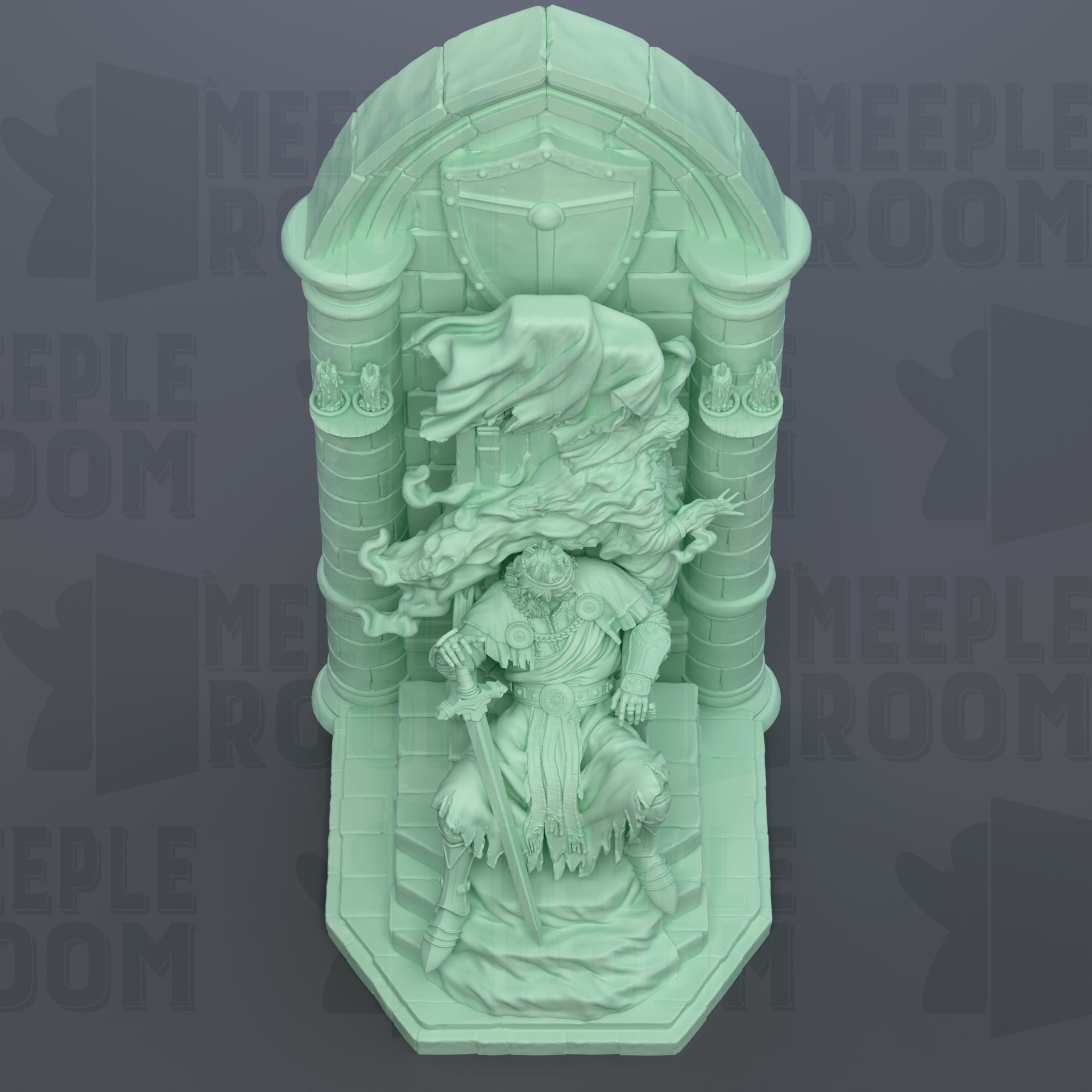 A 3D rendering of a statue depicting a figure in a seated position, holding a sword and wearing a robe. The statue is set against a dark background, with the word "MEEPLEROOM" visible in the image.
