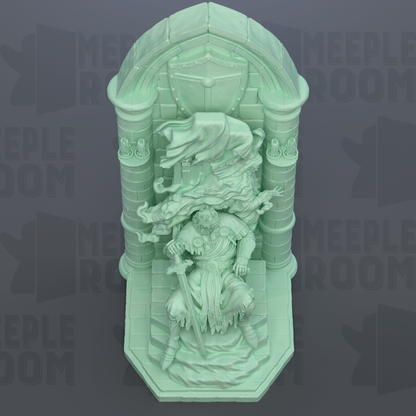 A 3D rendering of a statue depicting a figure in a seated position, holding a sword and wearing a robe. The statue is set against a dark background, with the word "MEEPLEROOM" visible in the image.