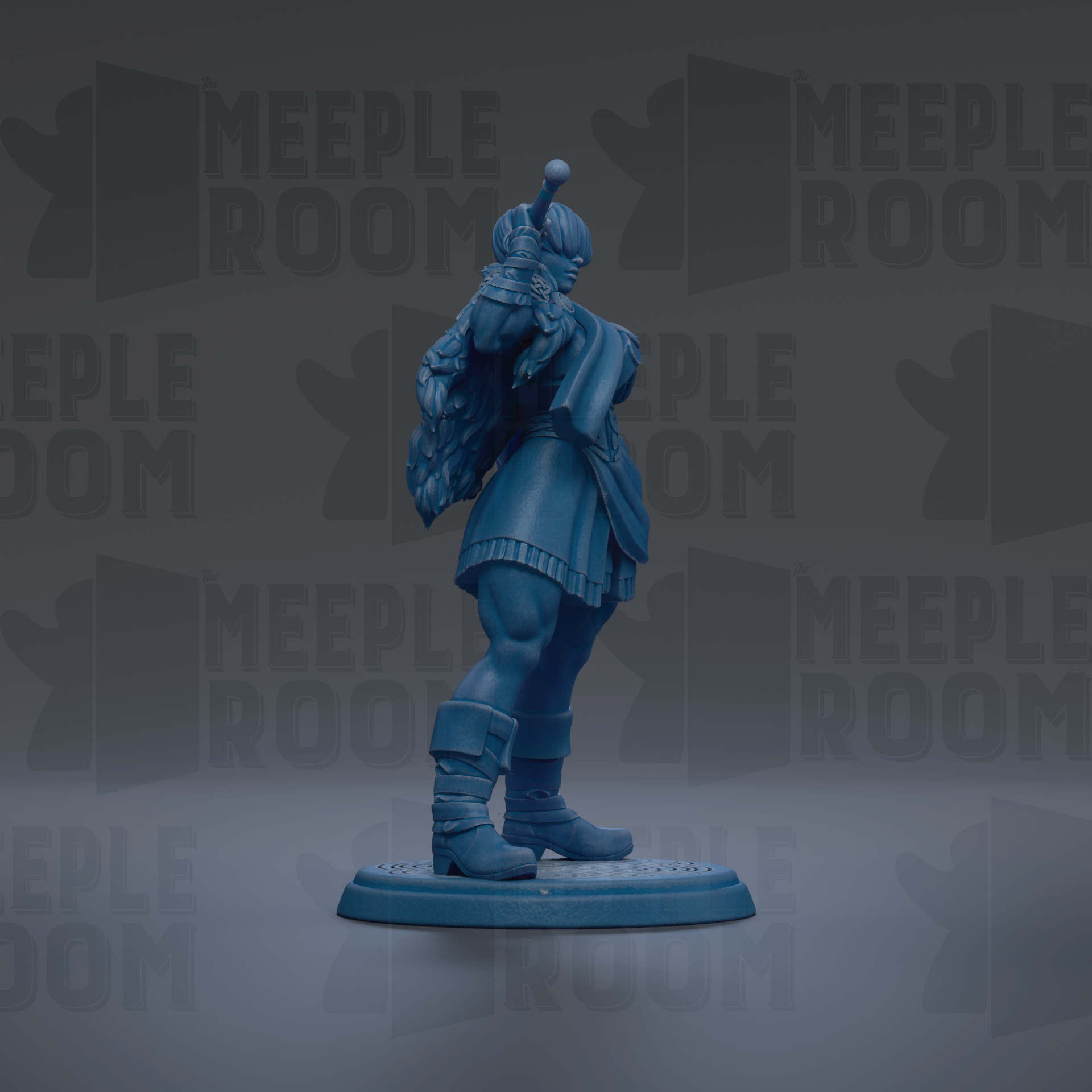 A blue figurine of a person standing on a platform against a dark background with repeated text.