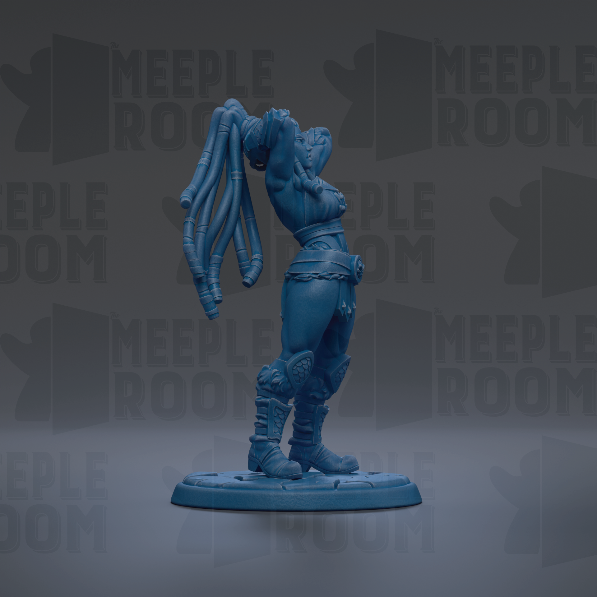 A blue figurine of a female character with a large headdress and intricate designs on her clothing, standing on a platform against a dark background with repeated text.