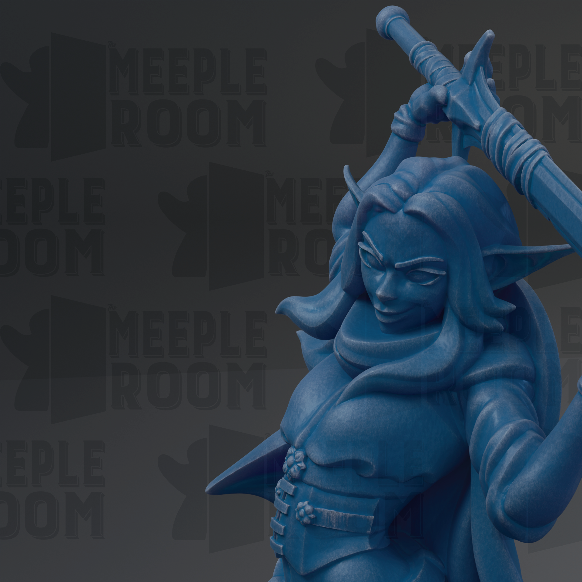 A blue statue of a female character with a sword in her hand, set against a dark background with repeated text.