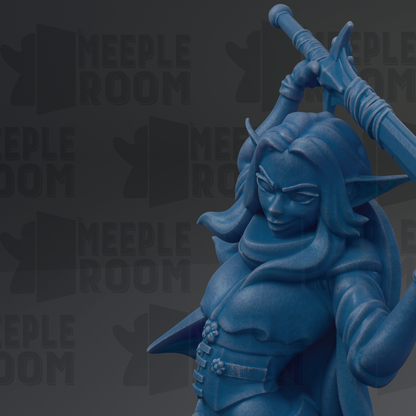 A blue statue of a female character with a sword in her hand, set against a dark background with repeated text.