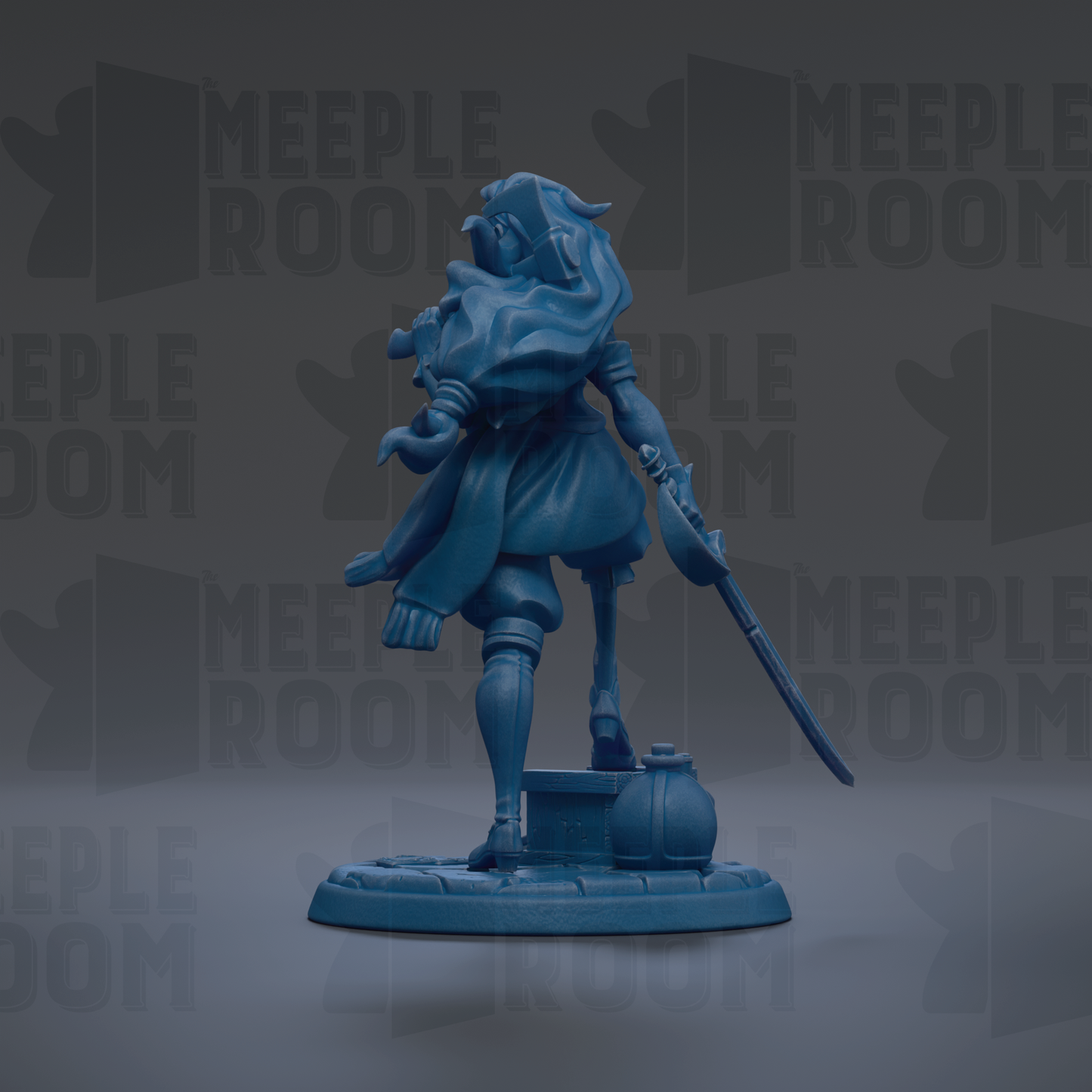 A blue figurine of a person holding a sword and shield, standing on a base.