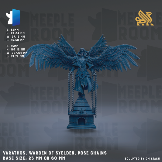 a large, detailed statue of a winged warrior with a chain around its neck, standing on a pedestal. The statue appears to be made of a dark material, possibly metal or stone. The background of the image is dark, which contrasts with the statue and makes it stand out. The statue is described as a "VARATHOS, WARDEN OF SYELDEN, POSE CHAINS" and has a base size of either 25mm or 60mm. The image is a collage of multiple images, and the phrase "SOLVED BY DM STASH" is included at the bottom.
