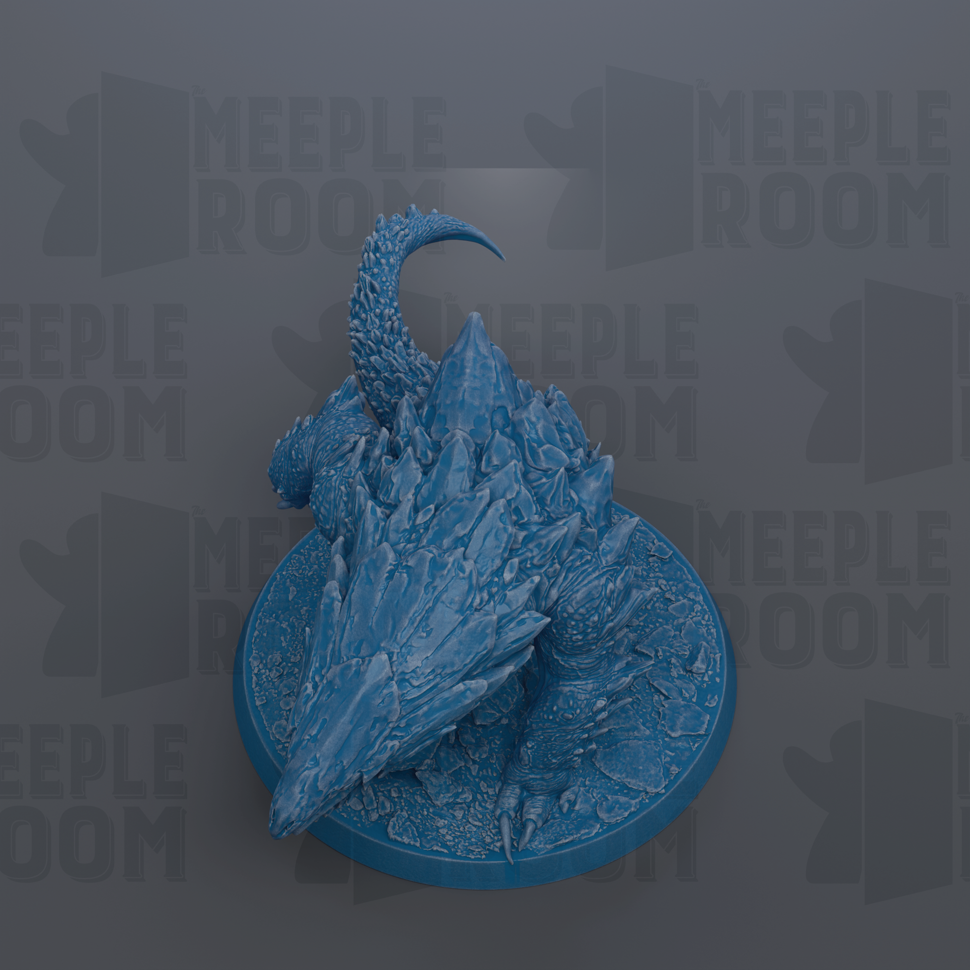A 3D rendering of a blue, fantastical creature with a curved tail and sharp teeth, sitting on a circular base.