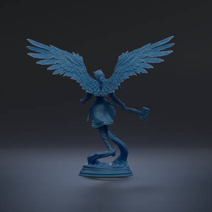 A blue statue of a winged figure with a sword in its hand, standing on a pedestal against a dark background.