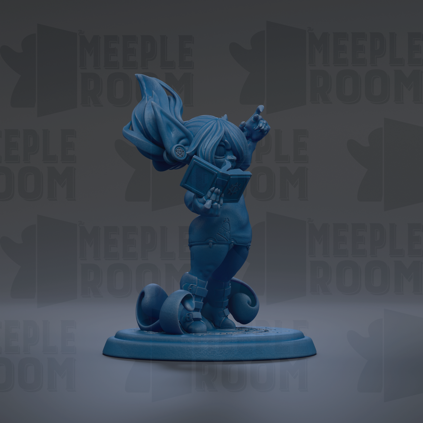 A blue figurine of a person holding a book and standing on a platform.