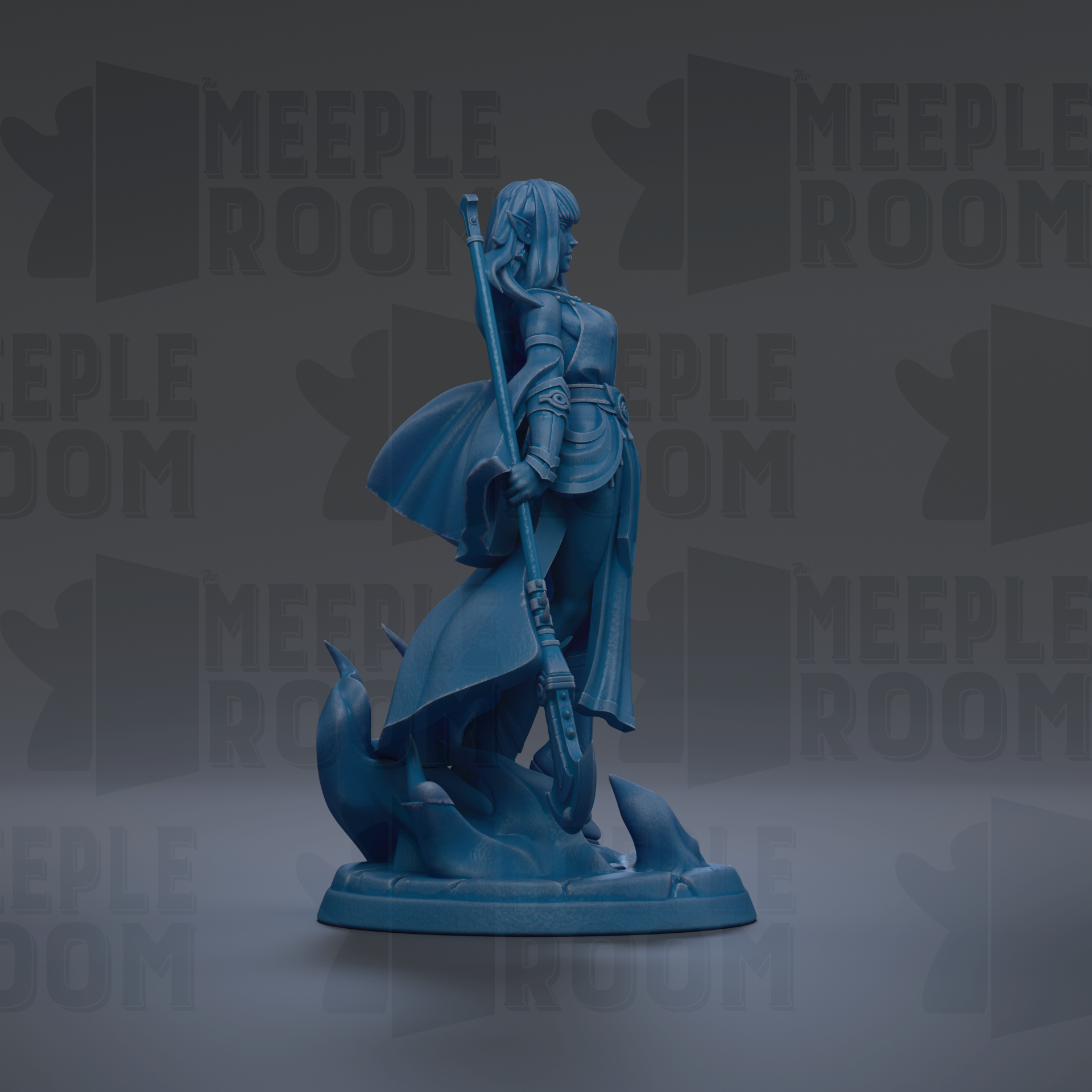 A blue figurine of a woman holding a staff and standing on a rock formation against a dark background with repeated text.