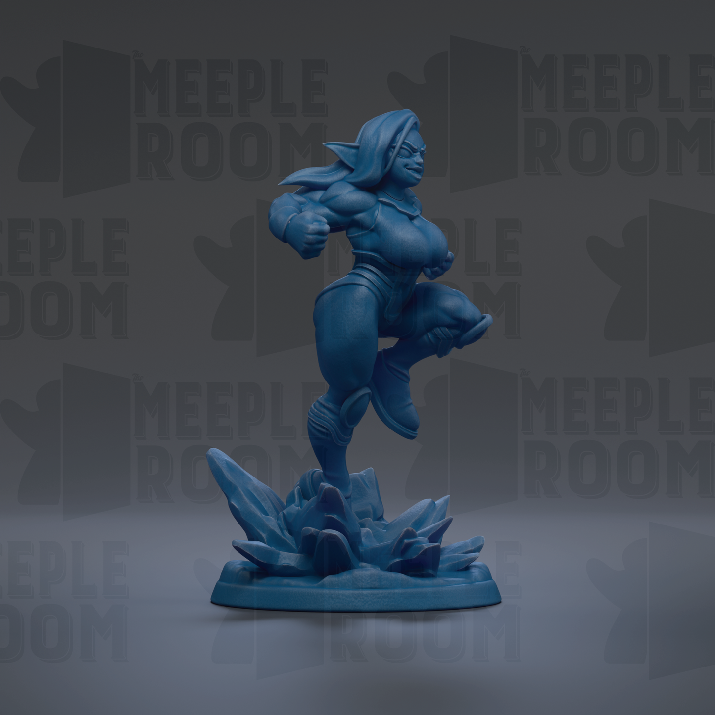 A blue figurine of a female character with a determined expression, standing on a base and appearing to be in motion.