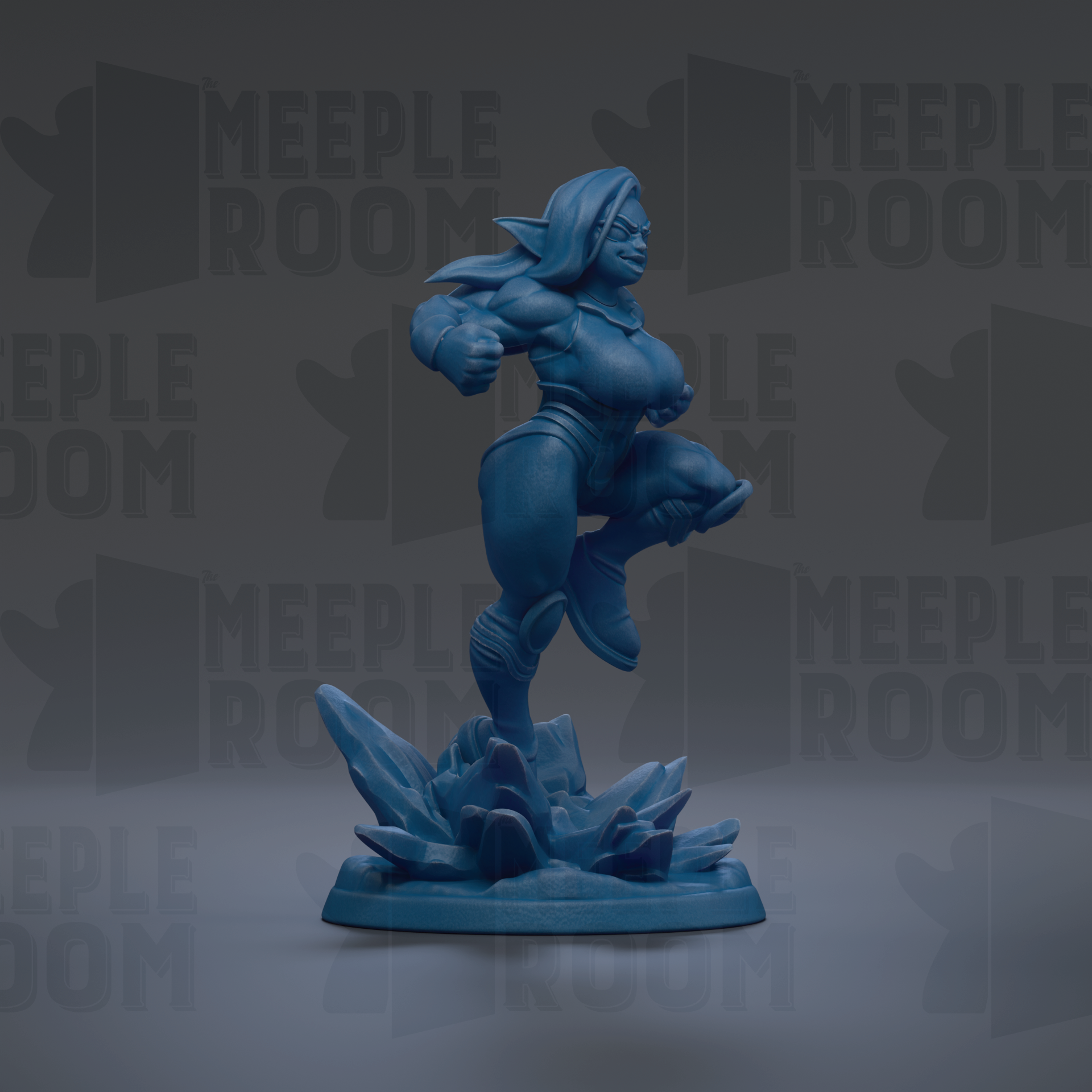 A blue figurine of a female character with a determined expression, standing on a base and appearing to be in motion.