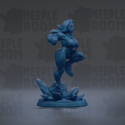 A blue figurine of a female character with a determined expression, standing on a base and appearing to be in motion.