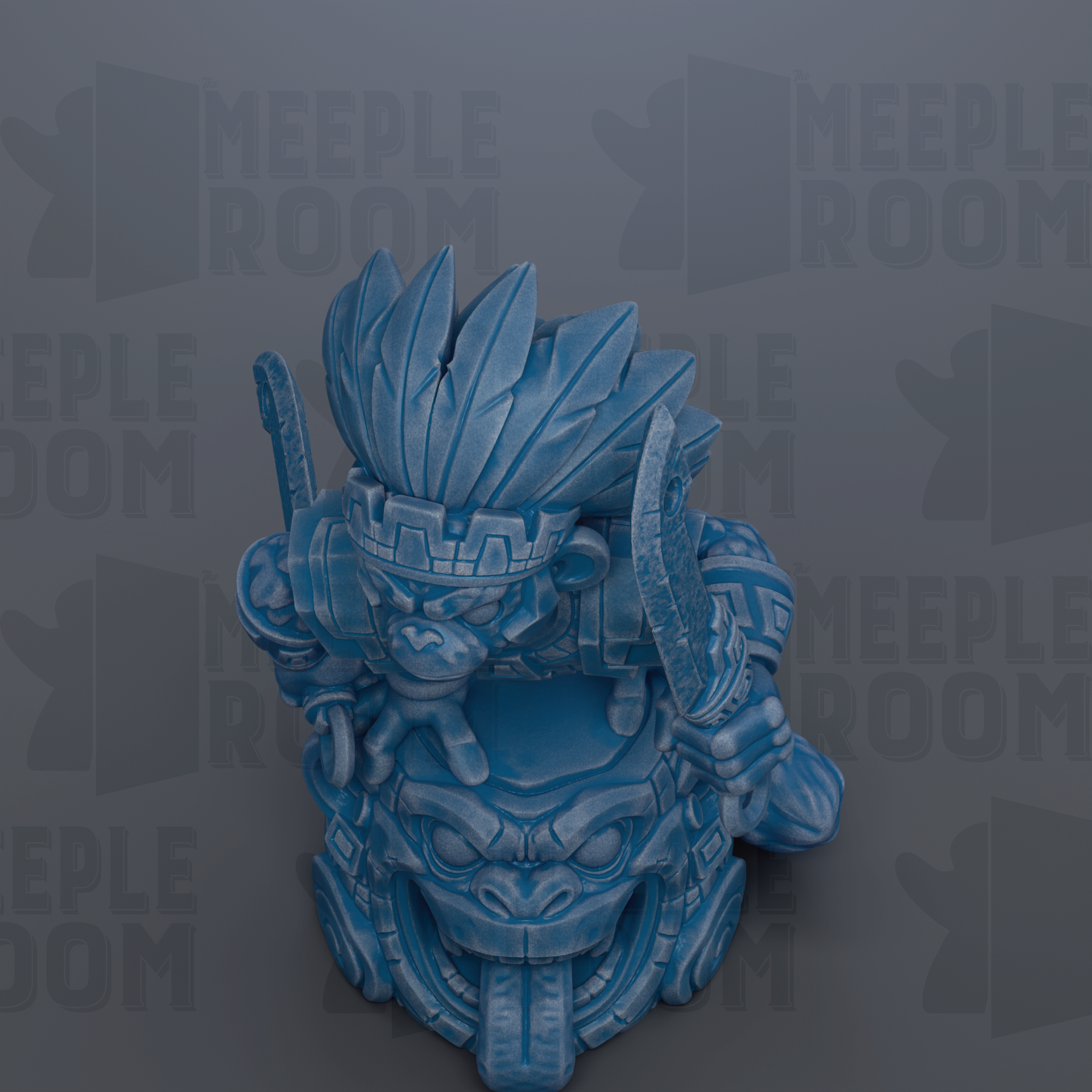 A blue, stylized figurine of a character with a large headdress and a detailed design, set against a dark background with repeated text.