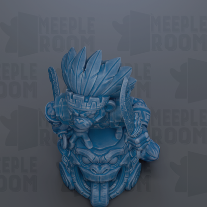 A blue, stylized figurine of a character with a large headdress and a detailed design, set against a dark background with repeated text.