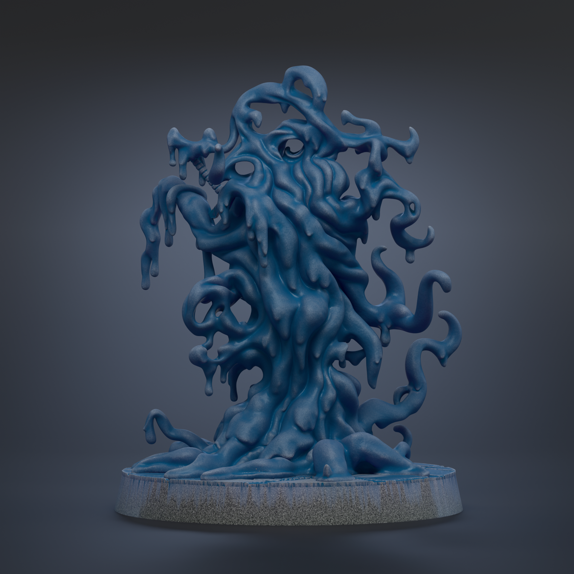 A 3D rendering of a blue, abstract sculpture with flowing, organic shapes and textures.