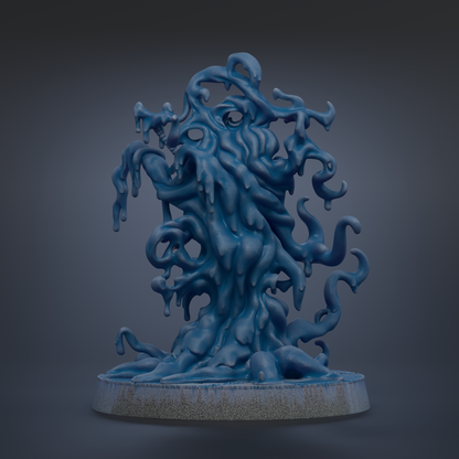 A 3D rendering of a blue, abstract sculpture with flowing, organic shapes and textures.