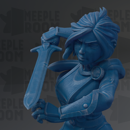 A blue statue of a female character holding a sword.