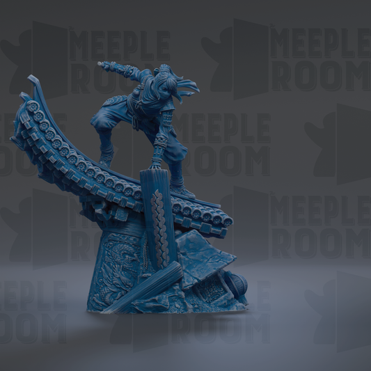 A blue figurine of a person in a fighting stance, with a sword in hand, is shown against a dark background with repeated text.