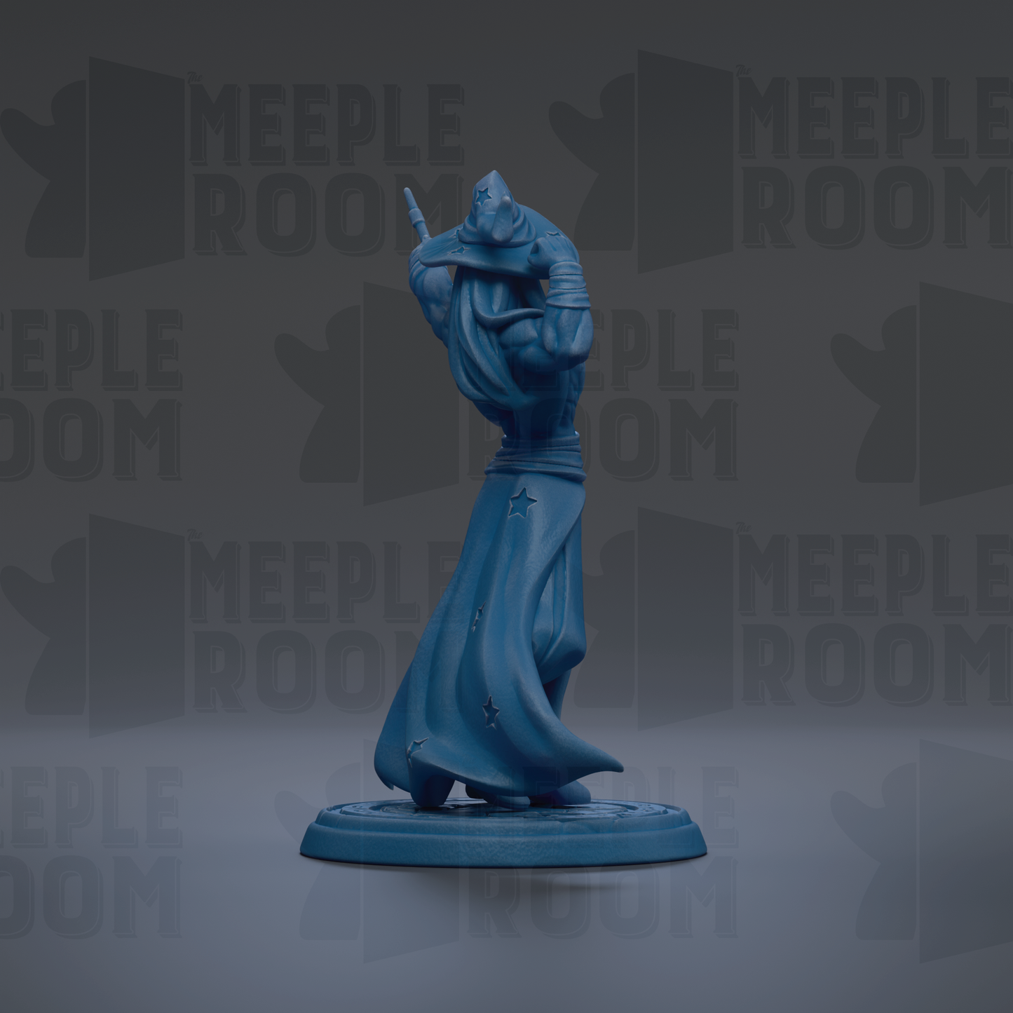A blue figurine of a person holding a sword and shield, standing on a circular base.